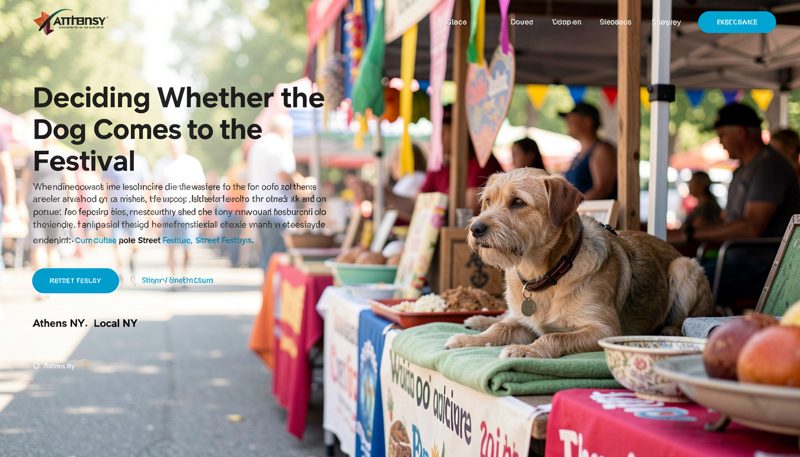 A leashed dog sitting beside a festival chair while a crowd walks past market tents in soft light
