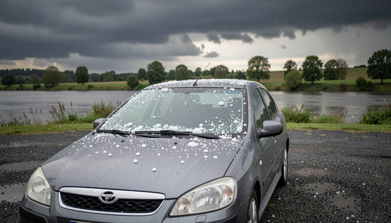 Small white hailstones lying on the hood and windshield of a parked grey hatchback beside a river