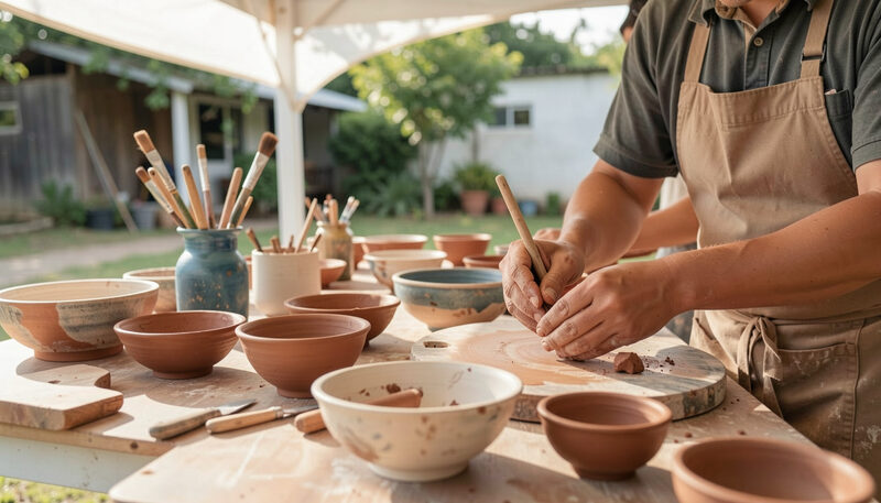 Hands working clay beside bowls and pottery tools on an outdoor table