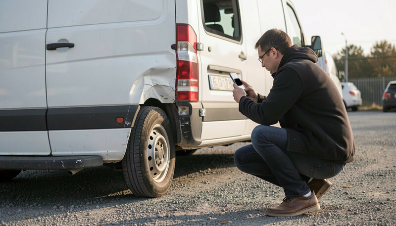 A person crouching beside a parked white van on a gravel lot to photograph a dented rear corner with a phone