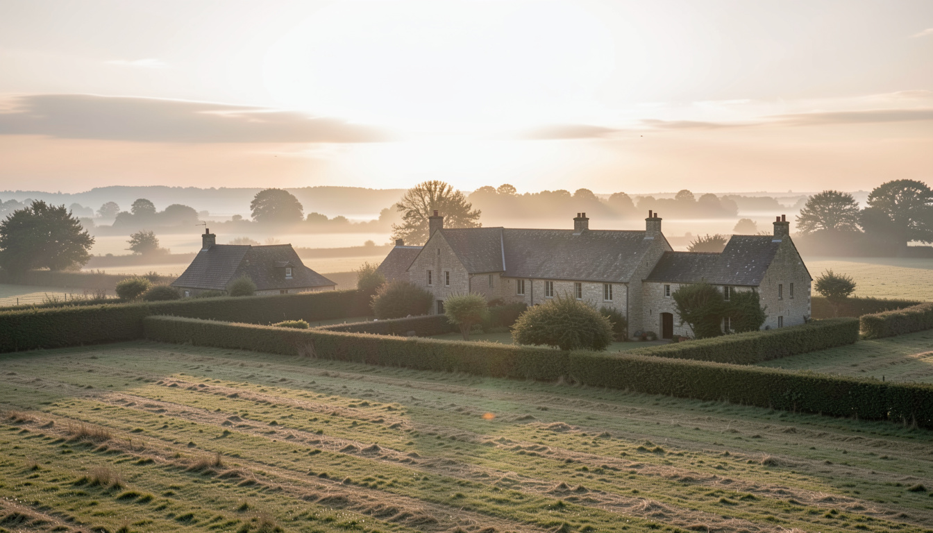 A stone hamlet in the Norman bocage at low morning light, hedged fields and a mown meadow in the foreground, wide horizontal framing with the sun low behind the rooflines.