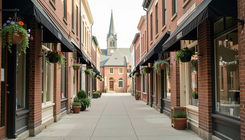 A quiet pavement between brick storefronts and hanging flower baskets
