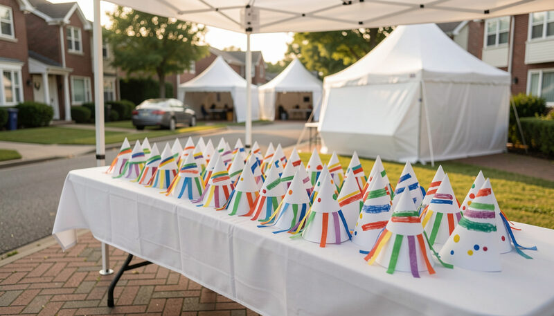 Handmade paper party hats with painted stripes lined up on a white table under a festival tent on a residential street